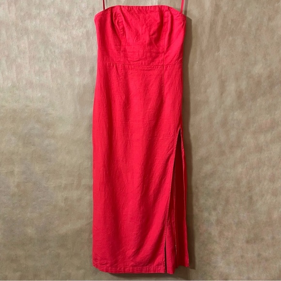 Urban Outfitters | Red Linen Strapless Midi Dress Leg Slit Column Dress Size S - Picture 1 of 13